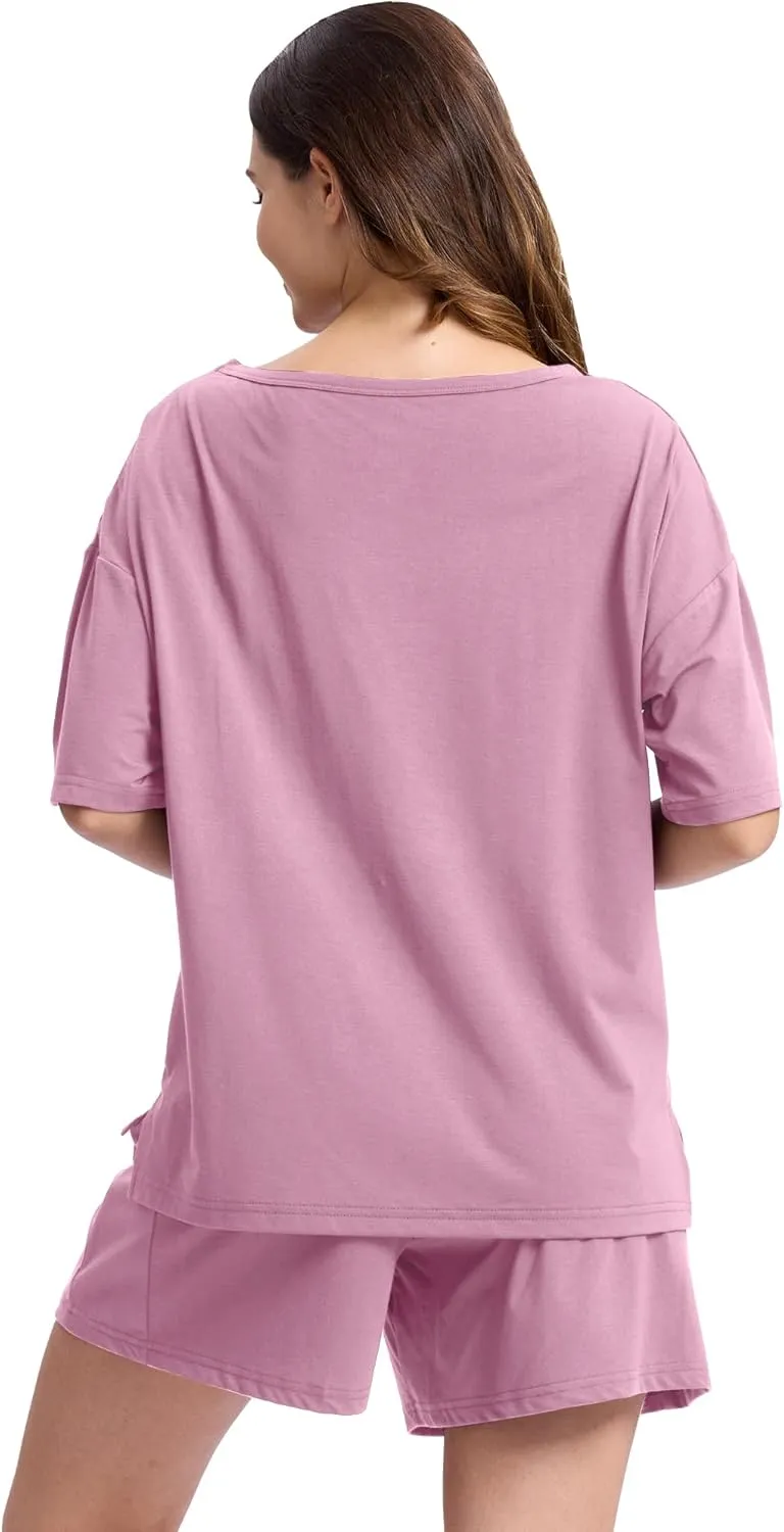 BAMBOO COOL Women's Pajama Sets 2-piece Sleepwear Lounge Sleep Set Soft Short Sleeve Tops and Shorts with Pockets