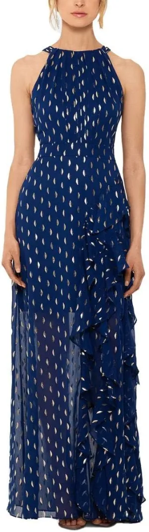 Betsy & Adam Long Halter Chiffon Clip Dot Light Navy/Gold 2