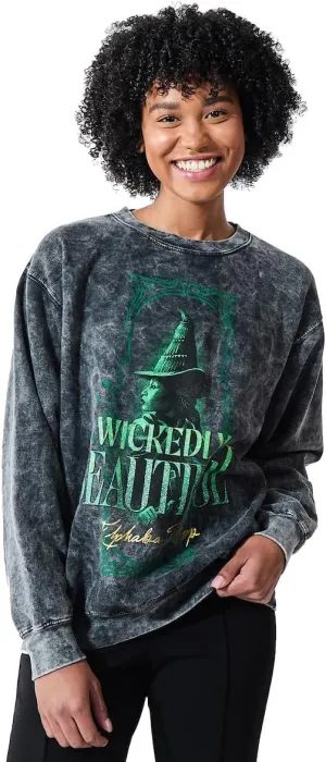 Bioworld Wicked Elphaba Wickedly Beautiful Women's Mineral Wash Crew Neck Long Sleeve Sweatshirt