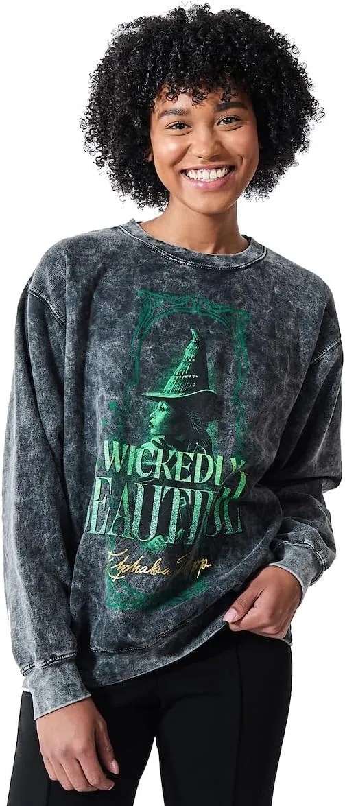 Bioworld Wicked Elphaba Wickedly Beautiful Women's Mineral Wash Crew Neck Long Sleeve Sweatshirt