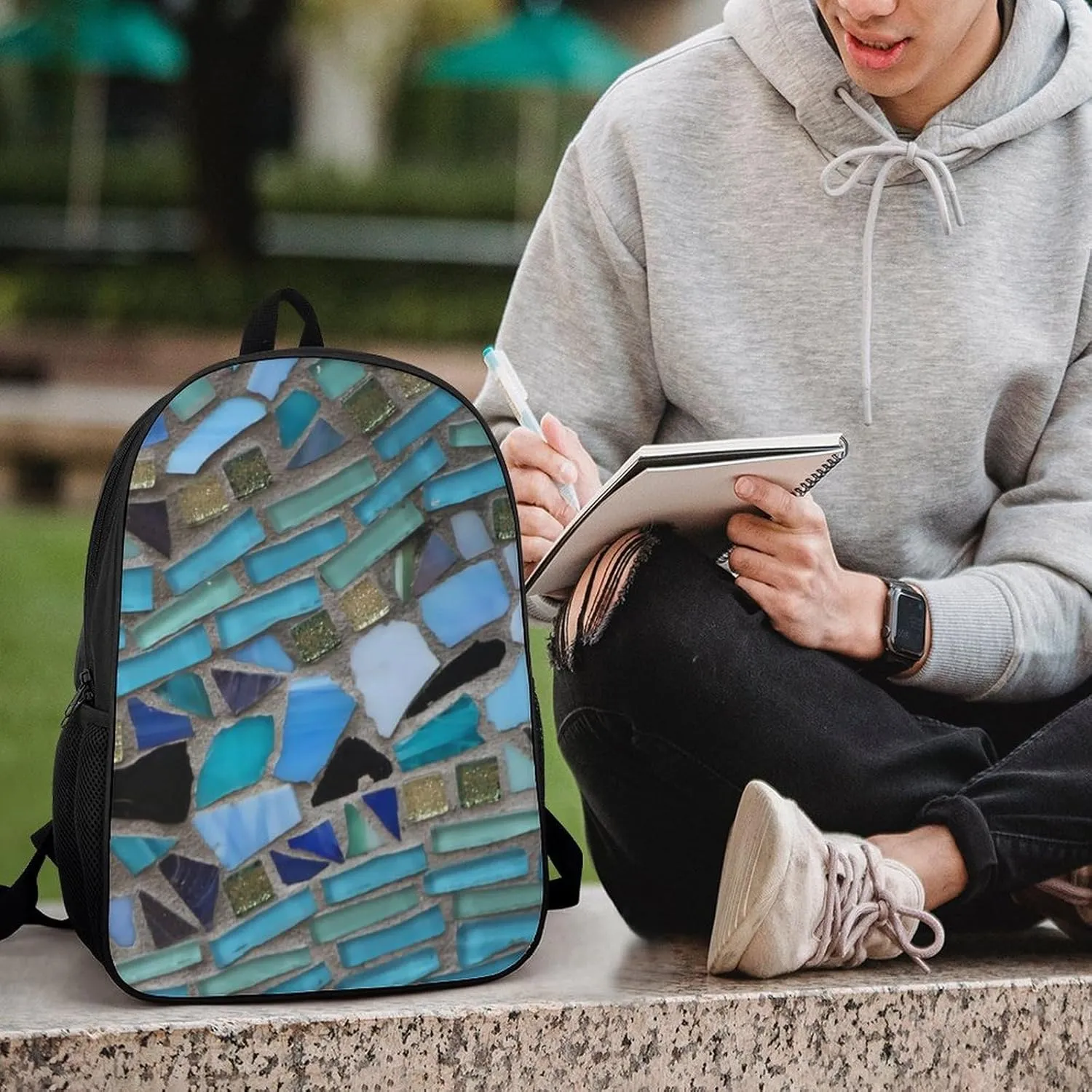 Blue Sea Glass Mosaic Light Backpack Lightweight Waterproof Laptop Backpack Unisex
