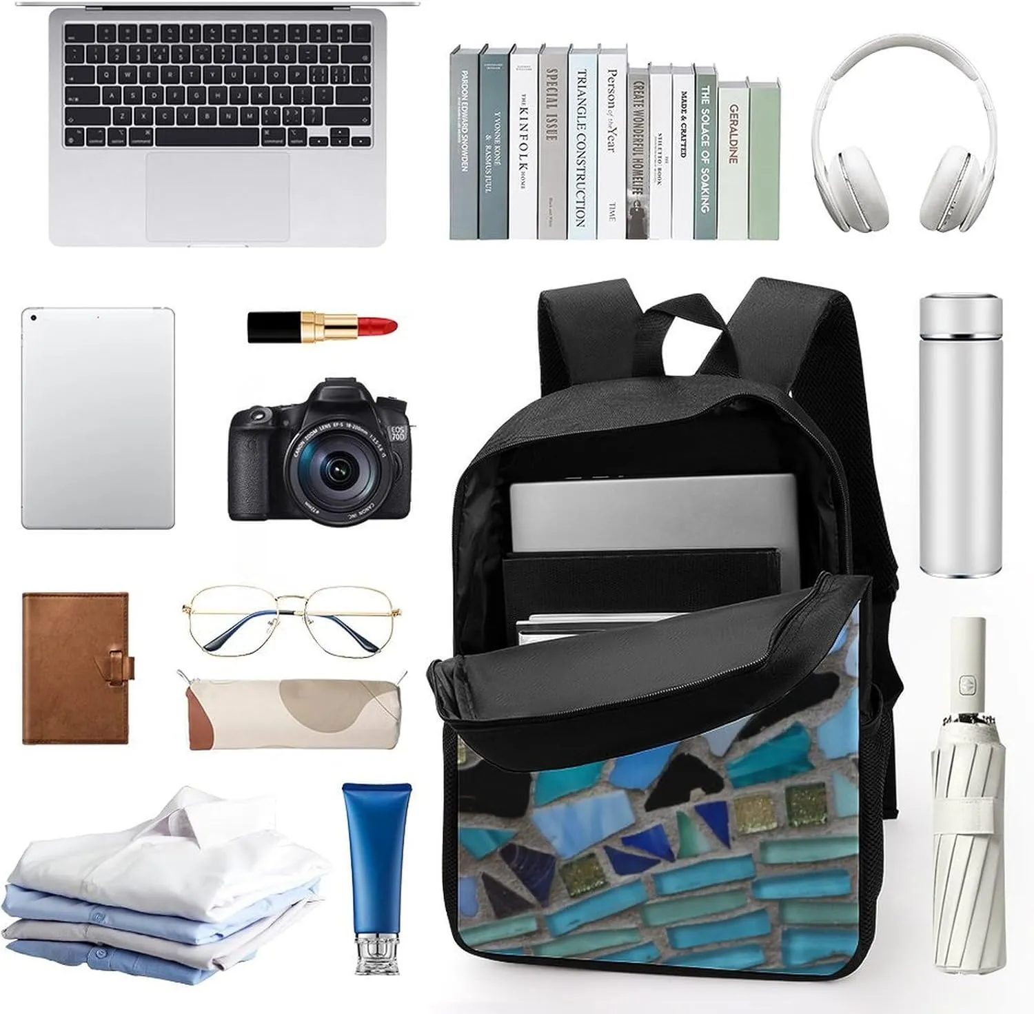 Blue Sea Glass Mosaic Light Backpack Lightweight Waterproof Laptop Backpack Unisex