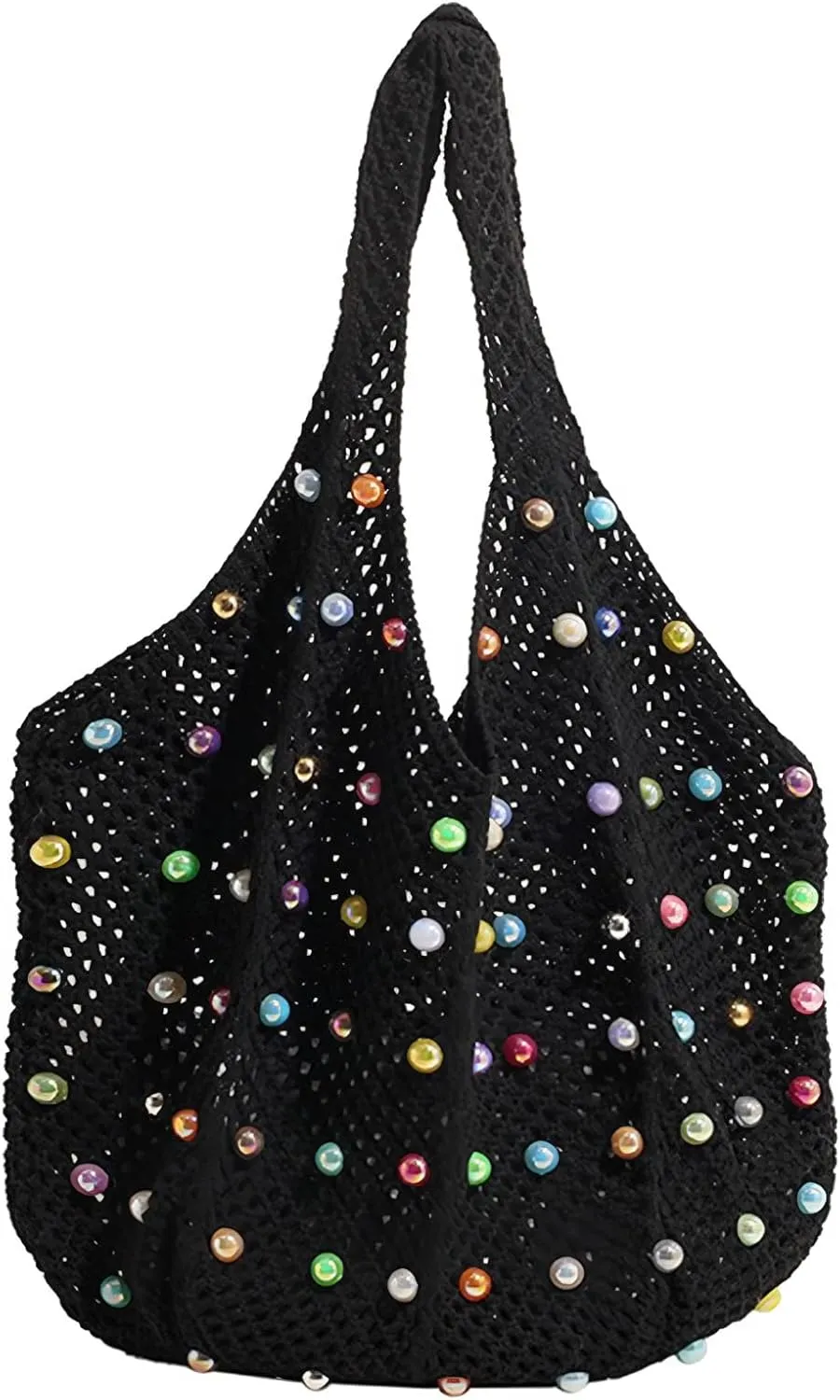 Boho Crochet Beach Tote Shoulder Bag with Colored Beads | Colorful Aesthetic Hippie Knit Bag for Women