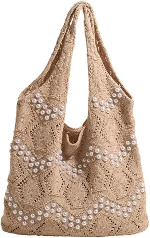 Boho Crochet Beach Tote Shoulder Bag with Colored Beads | Colorful Aesthetic Hippie Knit Bag for Women