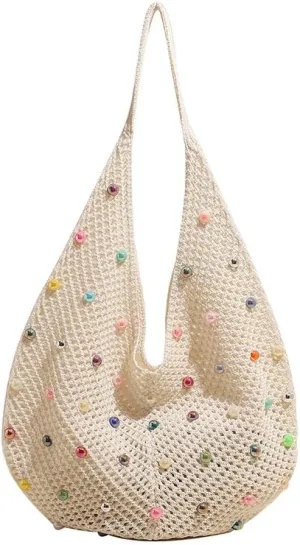 Boho Crochet Beach Tote Shoulder Bag with Colored Beads | Colorful Aesthetic Hippie Knit Bag for Women