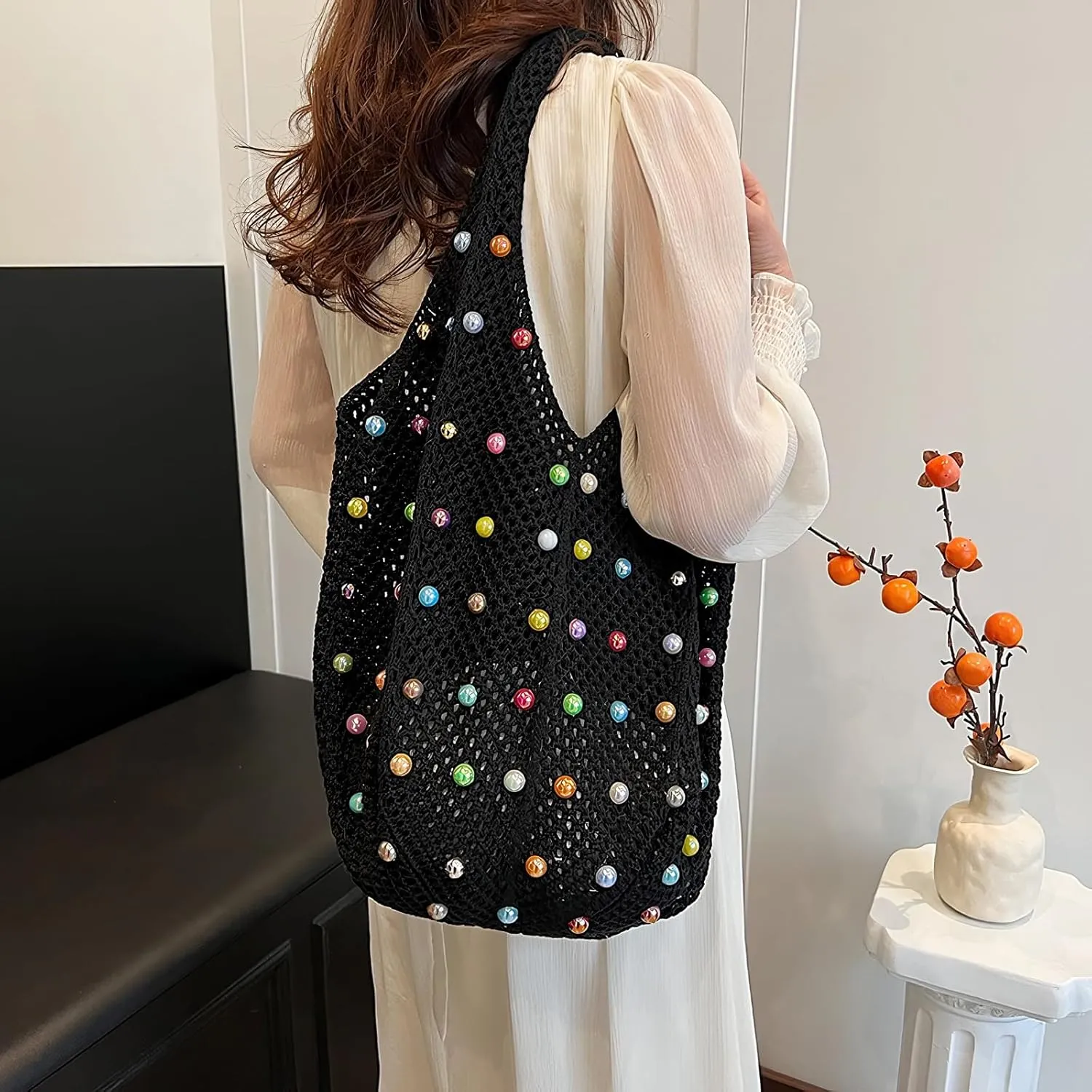 Boho Crochet Beach Tote Shoulder Bag with Colored Beads | Colorful Aesthetic Hippie Knit Bag for Women