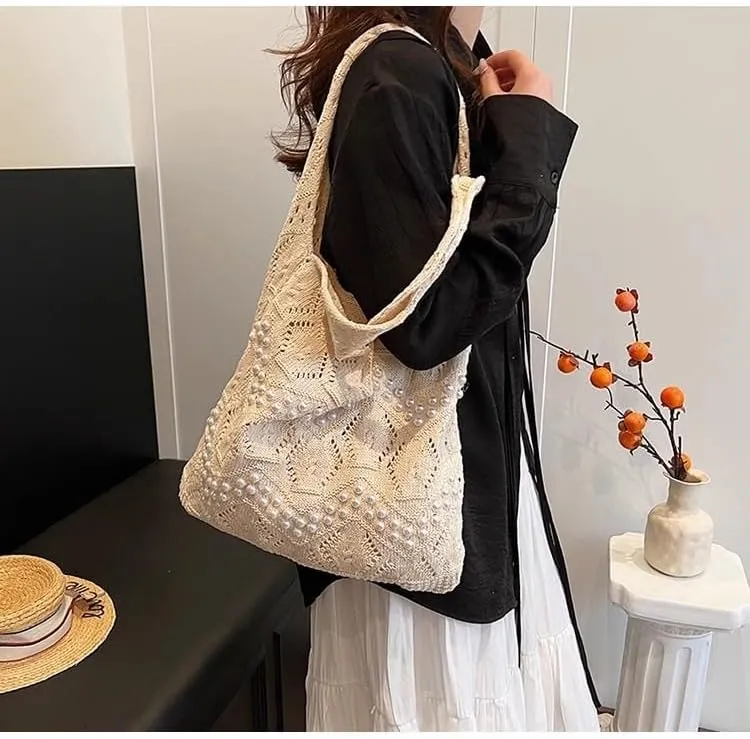 Boho Crochet Beach Tote Shoulder Bag with Colored Beads | Colorful Aesthetic Hippie Knit Bag for Women