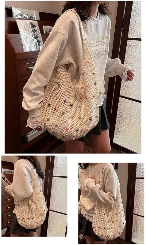 Boho Crochet Beach Tote Shoulder Bag with Colored Beads | Colorful Aesthetic Hippie Knit Bag for Women