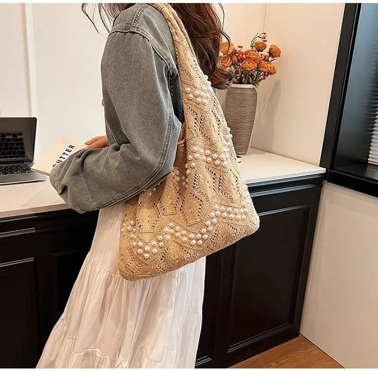 Boho Crochet Beach Tote Shoulder Bag with Colored Beads | Colorful Aesthetic Hippie Knit Bag for Women