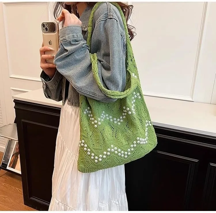 Boho Crochet Beach Tote Shoulder Bag with Colored Beads | Colorful Aesthetic Hippie Knit Bag for Women