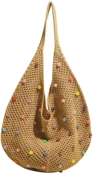 Boho Crochet Beach Tote Shoulder Bag with Colored Beads | Colorful Aesthetic Hippie Knit Bag for Women