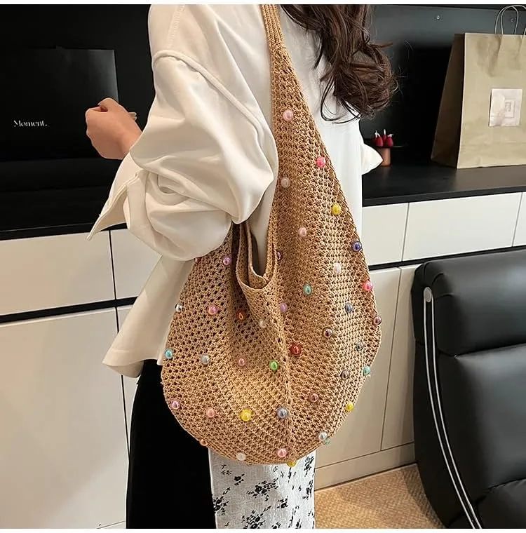 Boho Crochet Beach Tote Shoulder Bag with Colored Beads | Colorful Aesthetic Hippie Knit Bag for Women