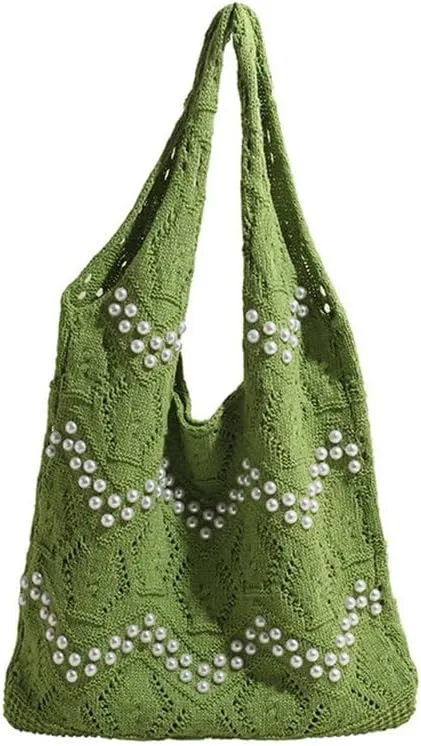 Boho Crochet Beach Tote Shoulder Bag with Colored Beads | Colorful Aesthetic Hippie Knit Bag for Women