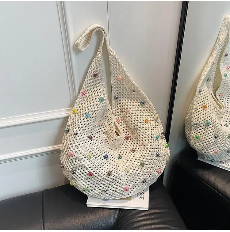 Boho Crochet Beach Tote Shoulder Bag with Colored Beads | Colorful Aesthetic Hippie Knit Bag for Women