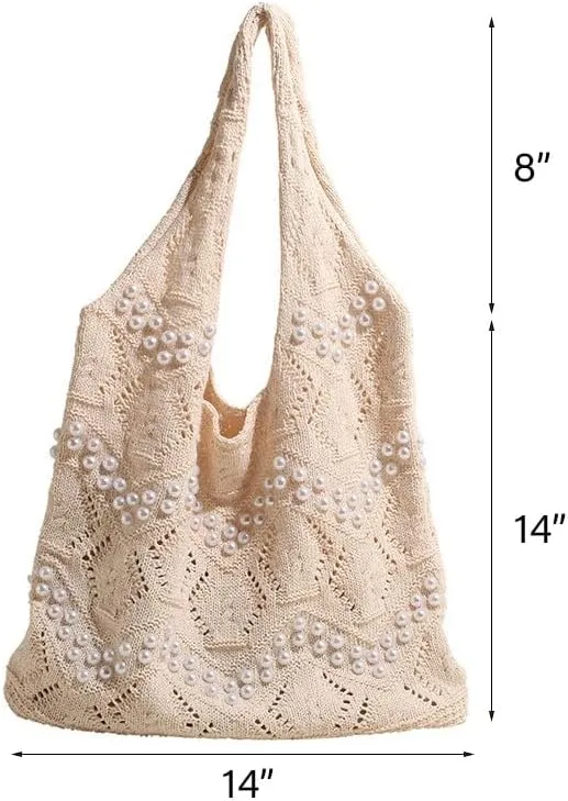 Boho Crochet Beach Tote Shoulder Bag with Colored Beads | Colorful Aesthetic Hippie Knit Bag for Women