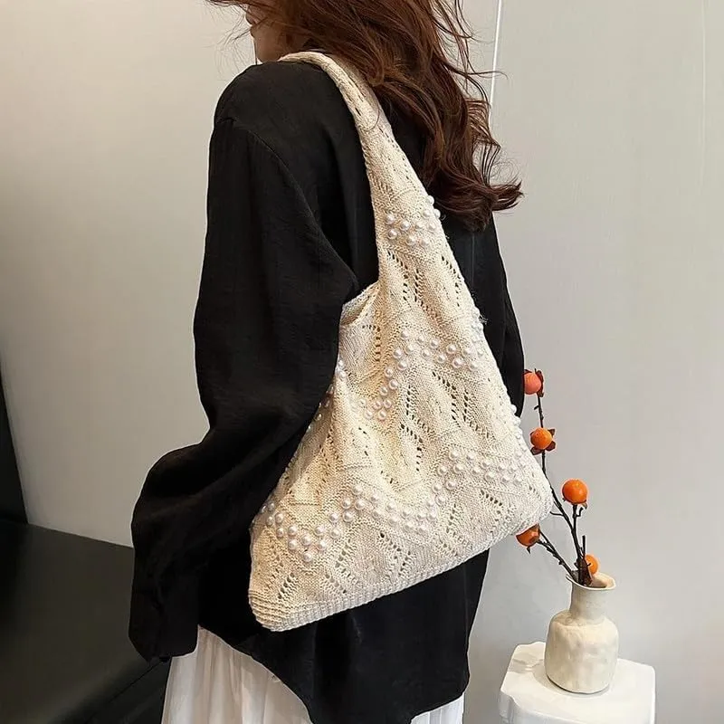 Boho Crochet Beach Tote Shoulder Bag with Colored Beads | Colorful Aesthetic Hippie Knit Bag for Women
