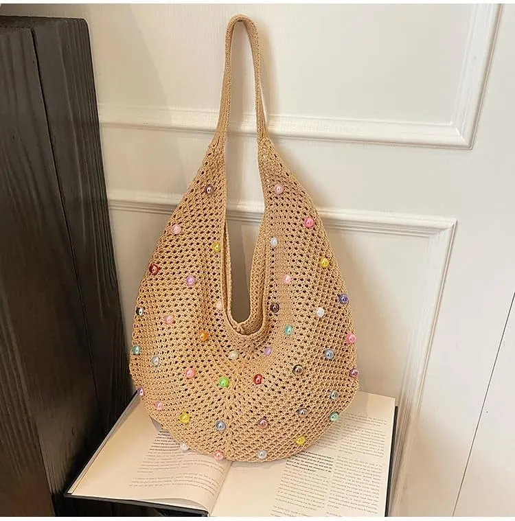 Boho Crochet Beach Tote Shoulder Bag with Colored Beads | Colorful Aesthetic Hippie Knit Bag for Women