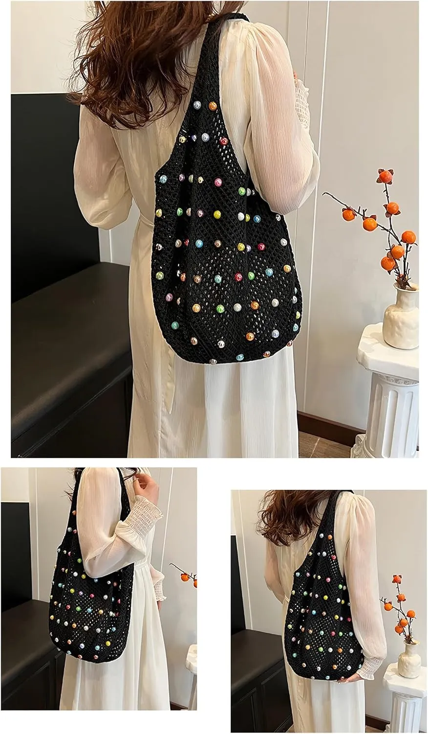 Boho Crochet Beach Tote Shoulder Bag with Colored Beads | Colorful Aesthetic Hippie Knit Bag for Women