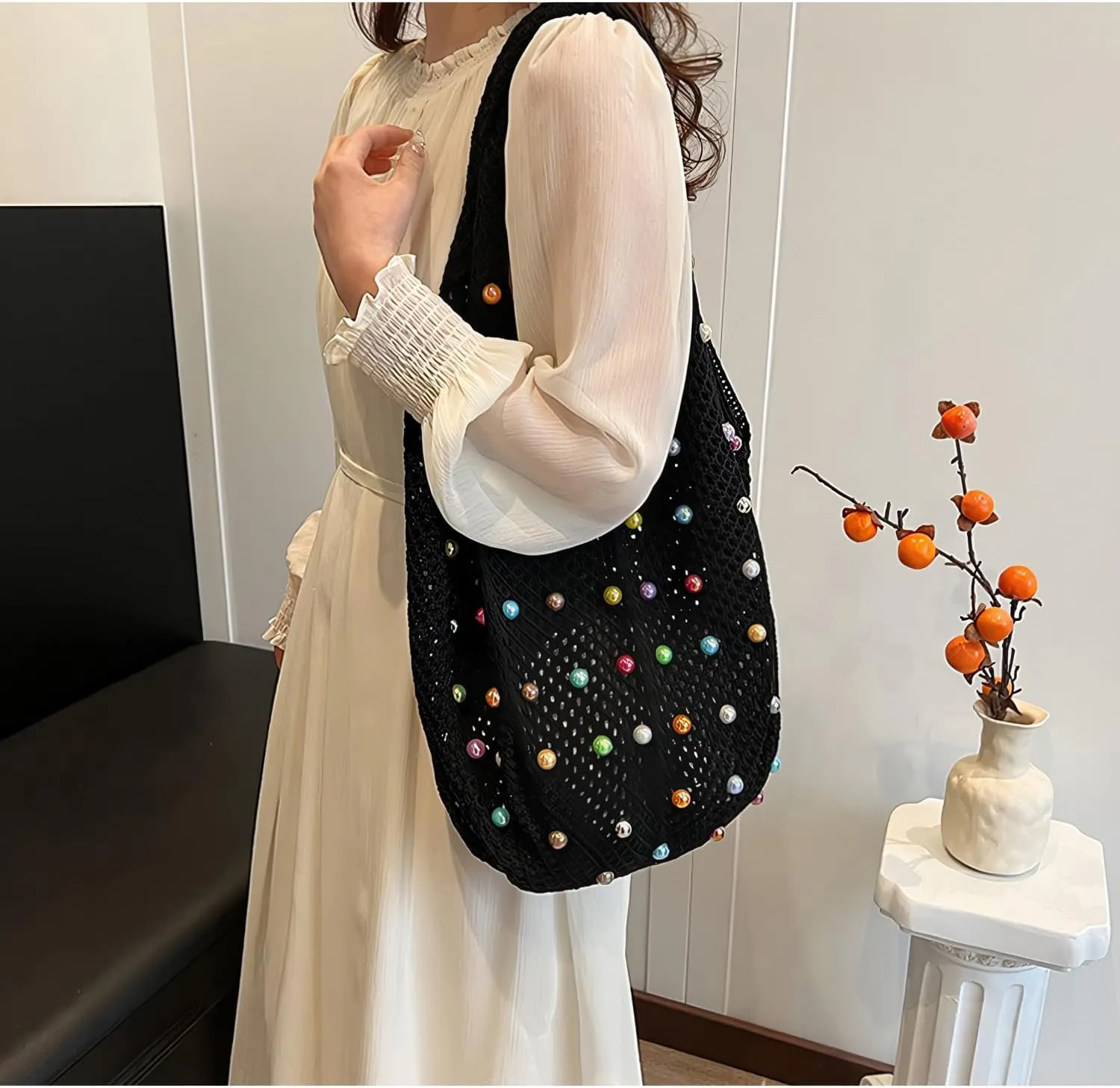 Boho Crochet Beach Tote Shoulder Bag with Colored Beads | Colorful Aesthetic Hippie Knit Bag for Women