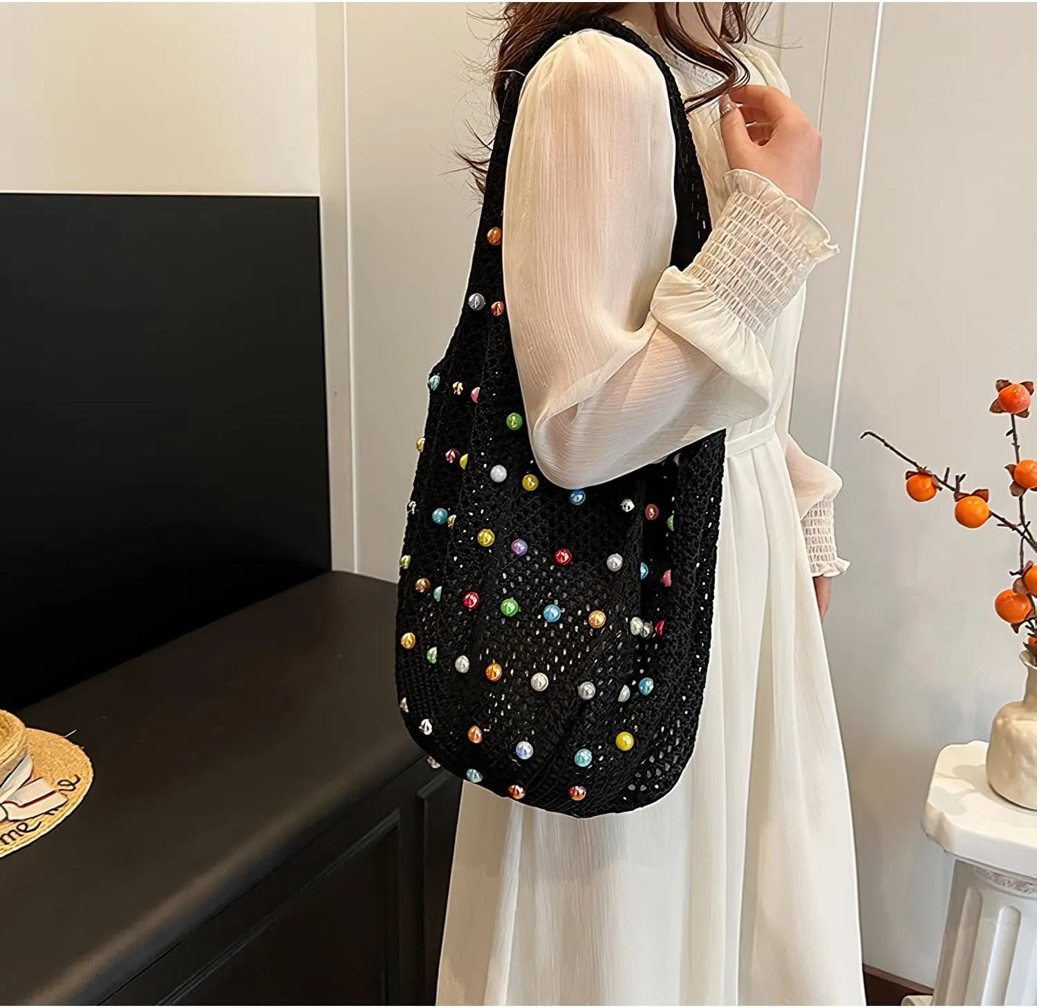 Boho Crochet Beach Tote Shoulder Bag with Colored Beads | Colorful Aesthetic Hippie Knit Bag for Women