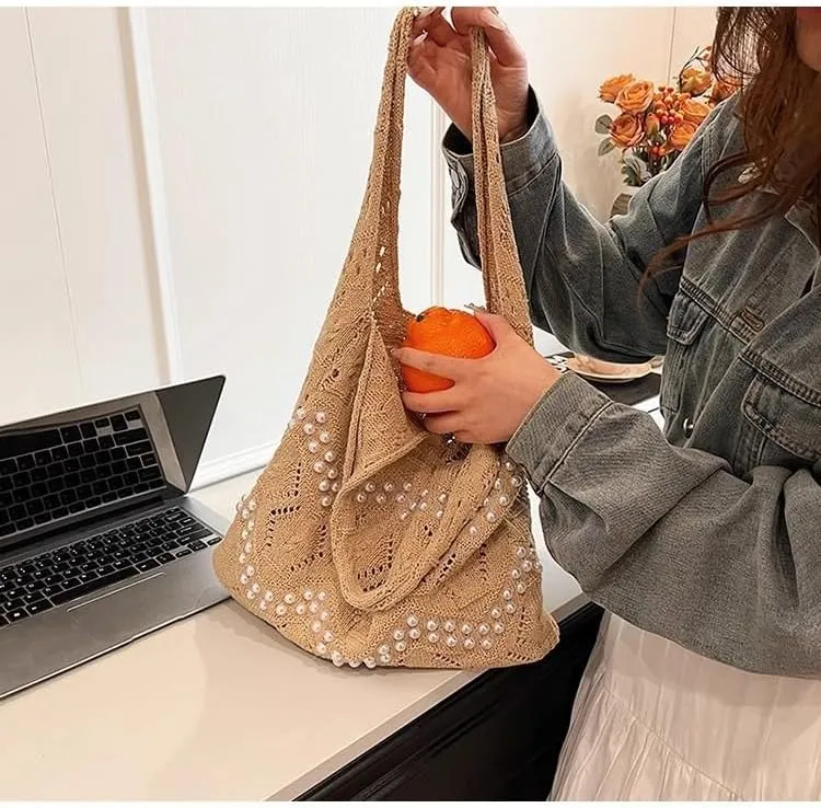 Boho Crochet Beach Tote Shoulder Bag with Colored Beads | Colorful Aesthetic Hippie Knit Bag for Women