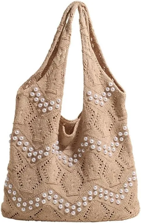 Boho Crochet Beach Tote Shoulder Bag with Colored Beads | Colorful Aesthetic Hippie Knit Bag for Women