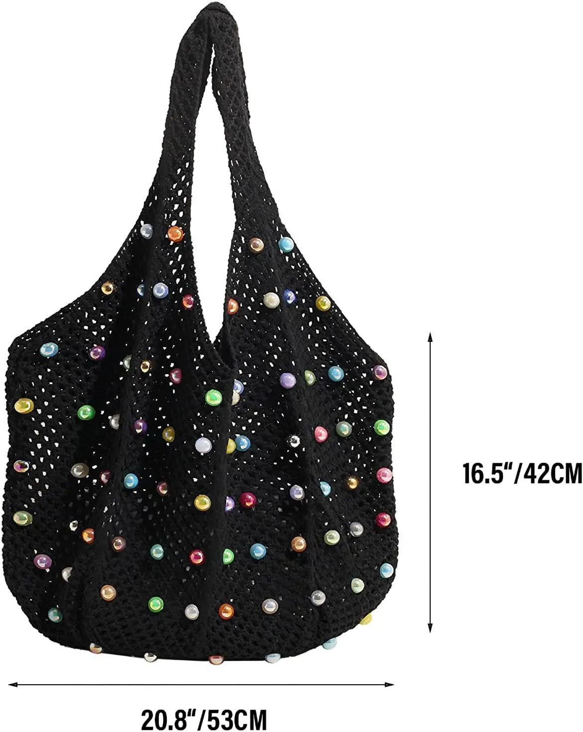 Boho Crochet Beach Tote Shoulder Bag with Colored Beads | Colorful Aesthetic Hippie Knit Bag for Women