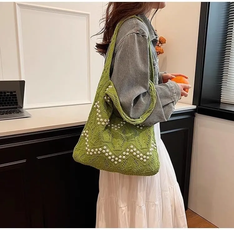 Boho Crochet Beach Tote Shoulder Bag with Colored Beads | Colorful Aesthetic Hippie Knit Bag for Women