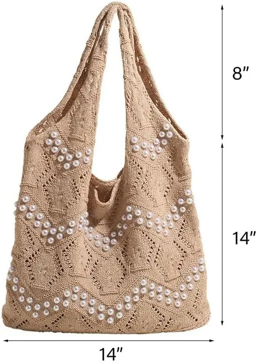 Boho Crochet Beach Tote Shoulder Bag with Colored Beads | Colorful Aesthetic Hippie Knit Bag for Women