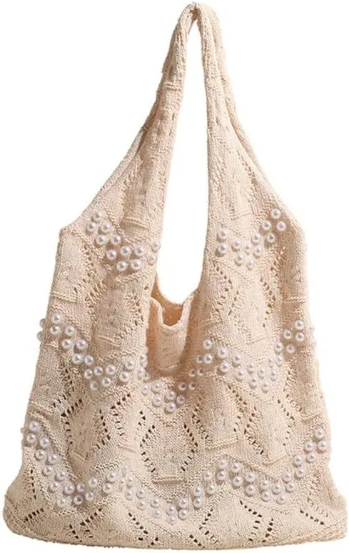 Boho Crochet Beach Tote Shoulder Bag with Colored Beads | Colorful Aesthetic Hippie Knit Bag for Women