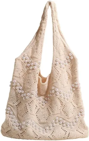 Boho Crochet Beach Tote Shoulder Bag with Colored Beads | Colorful Aesthetic Hippie Knit Bag for Women