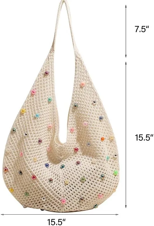 Boho Crochet Beach Tote Shoulder Bag with Colored Beads | Colorful Aesthetic Hippie Knit Bag for Women