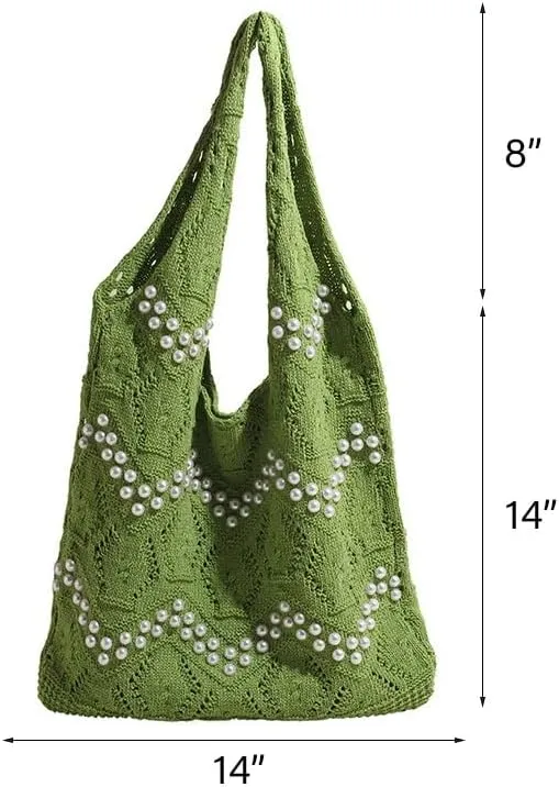Boho Crochet Beach Tote Shoulder Bag with Colored Beads | Colorful Aesthetic Hippie Knit Bag for Women