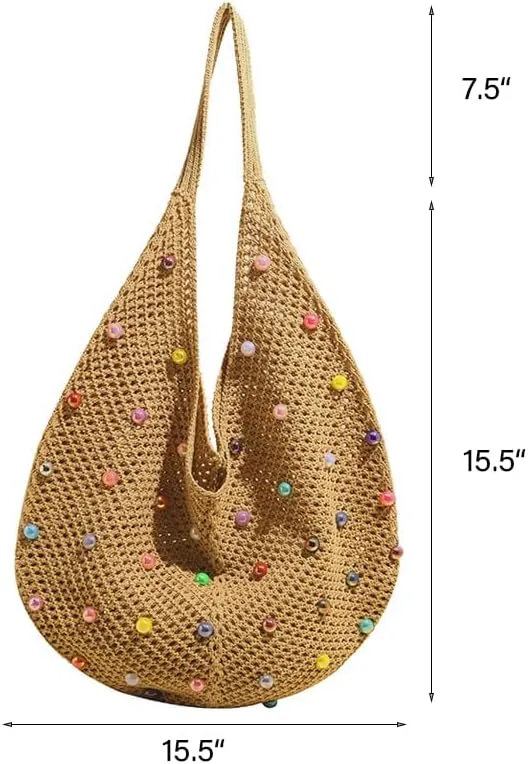 Boho Crochet Beach Tote Shoulder Bag with Colored Beads | Colorful Aesthetic Hippie Knit Bag for Women