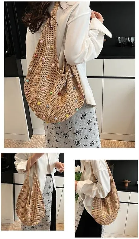 Boho Crochet Beach Tote Shoulder Bag with Colored Beads | Colorful Aesthetic Hippie Knit Bag for Women