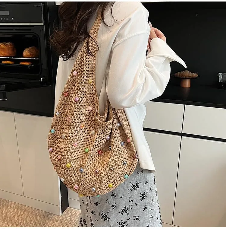 Boho Crochet Beach Tote Shoulder Bag with Colored Beads | Colorful Aesthetic Hippie Knit Bag for Women