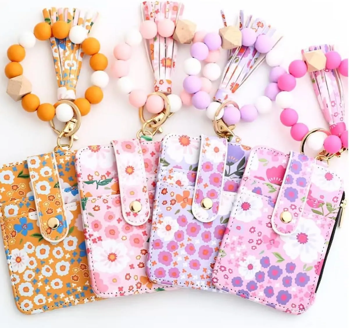 Boho Wristlet Wallet,Ladies' Boho Style Wristlet Wallet Keychain,with Flower Pattern Wallets (Light blue)