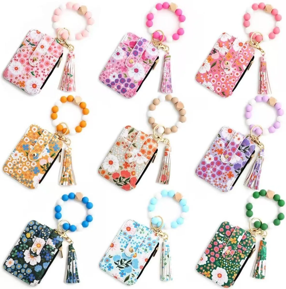Boho Wristlet Wallet,Ladies' Boho Style Wristlet Wallet Keychain,with Flower Pattern Wallets (Light blue)
