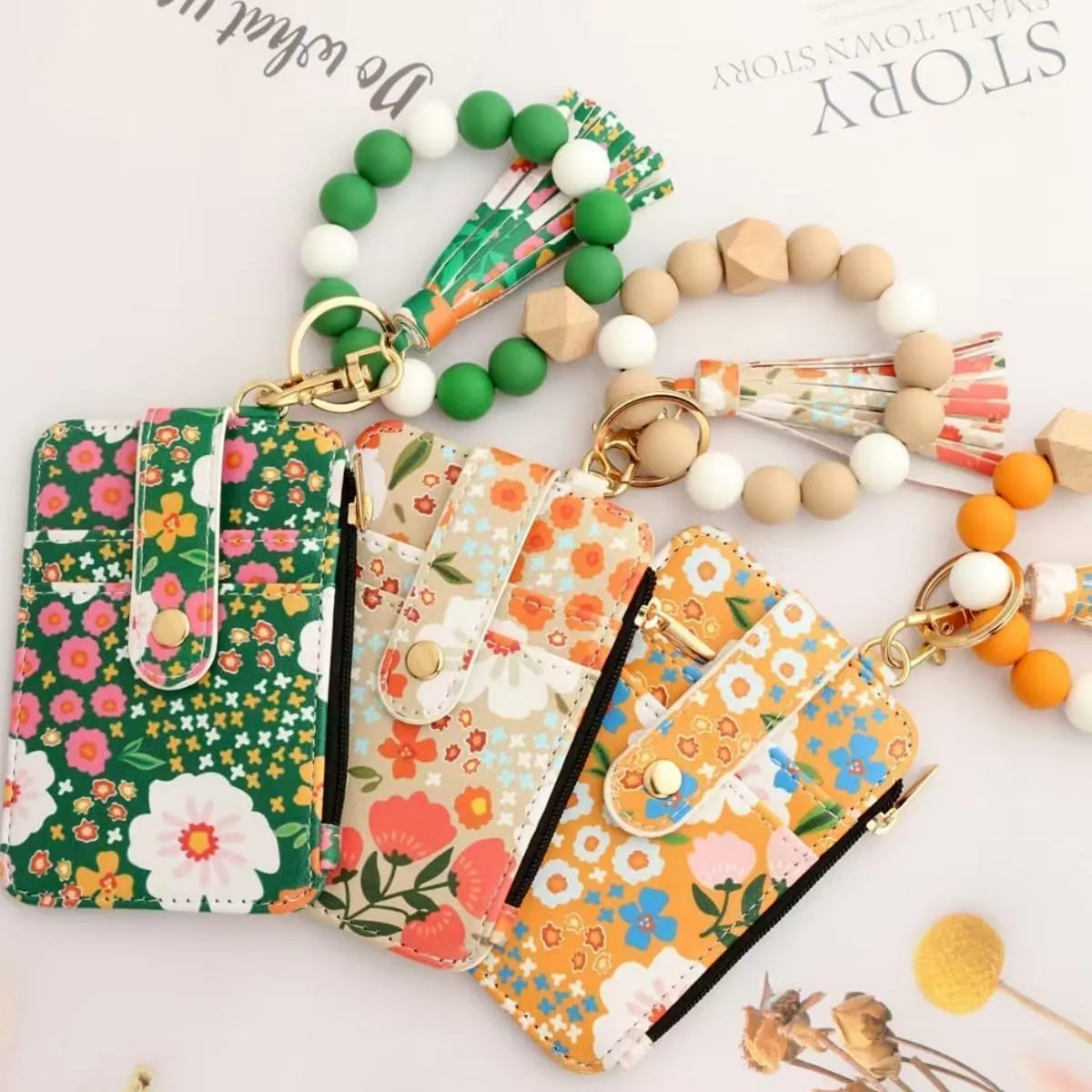 Boho Wristlet Wallet,Ladies' Boho Style Wristlet Wallet Keychain,with Flower Pattern Wallets (Light blue)