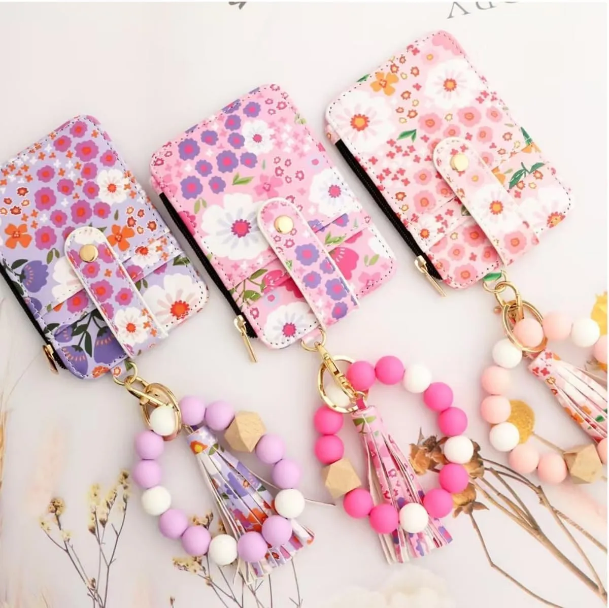 Boho Wristlet Wallet,Ladies' Boho Style Wristlet Wallet Keychain,with Flower Pattern Wallets (Light blue)
