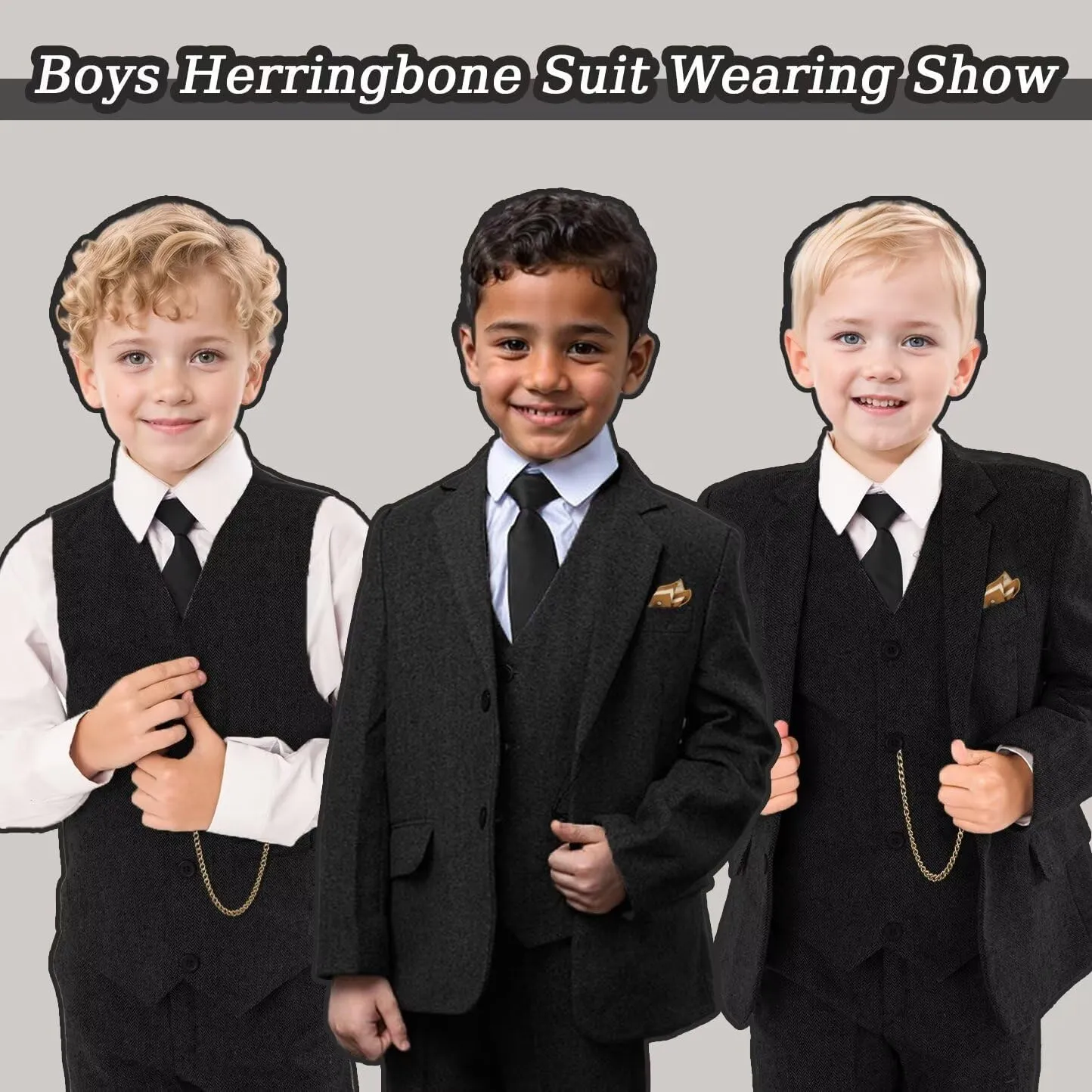 Boy's Suit Herringbone Tweed Blazer Slim Fit Kids Winter 1920s Retro Vintage Formal Wedding Prom Tuxedo Jacket Vest Pants Tie