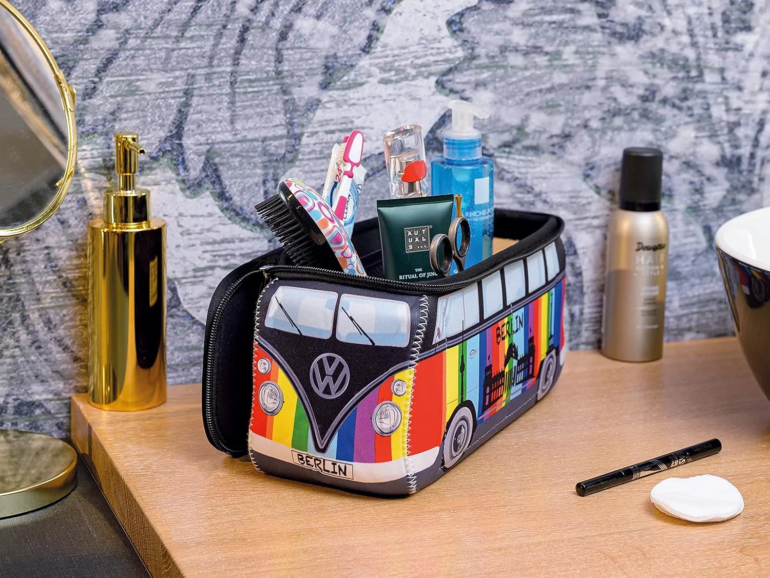 BRISA VW Collection - Volkswagen Neoprene Universal Makeup Cosmetics Toiletry Travel Pharmacy Bag in T1 Bus Design (Berlin/Multicolor/Large)