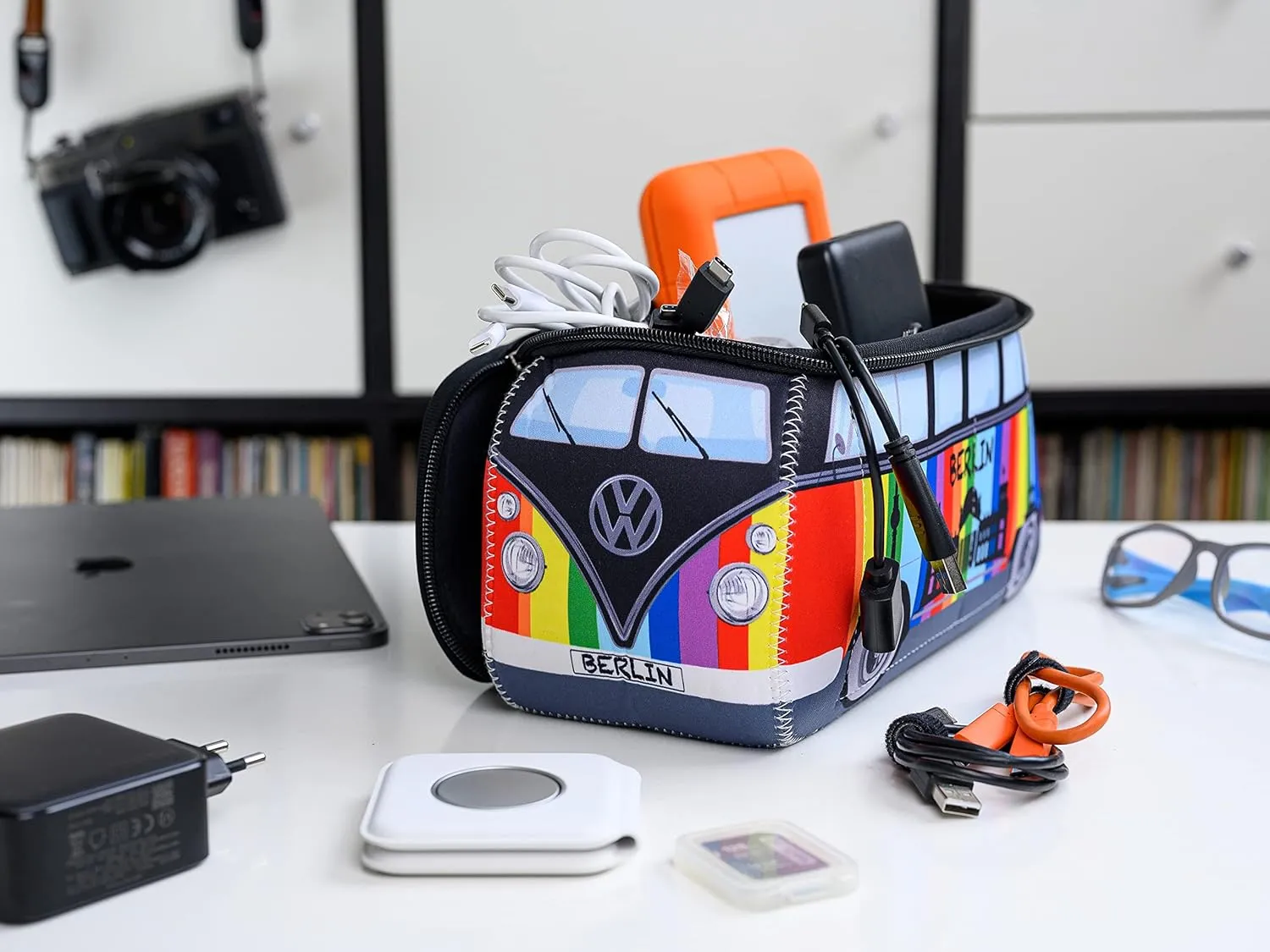 BRISA VW Collection - Volkswagen Neoprene Universal Makeup Cosmetics Toiletry Travel Pharmacy Bag in T1 Bus Design (Berlin/Multicolor/Large)