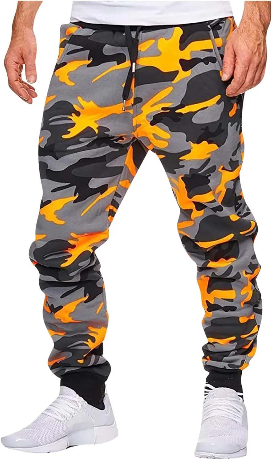 Camouflage Stretch Skinny Pants for Men Casual Drawstring Elastic Waist Beam Feet Slacks Tapered Sport Trousers