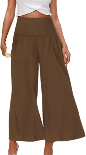 Capri Pants for Women 2025 Summer Casual High Waisted Flowy Wide Leg Pant Loose Fit Smocked Cropped Lounge Trousers