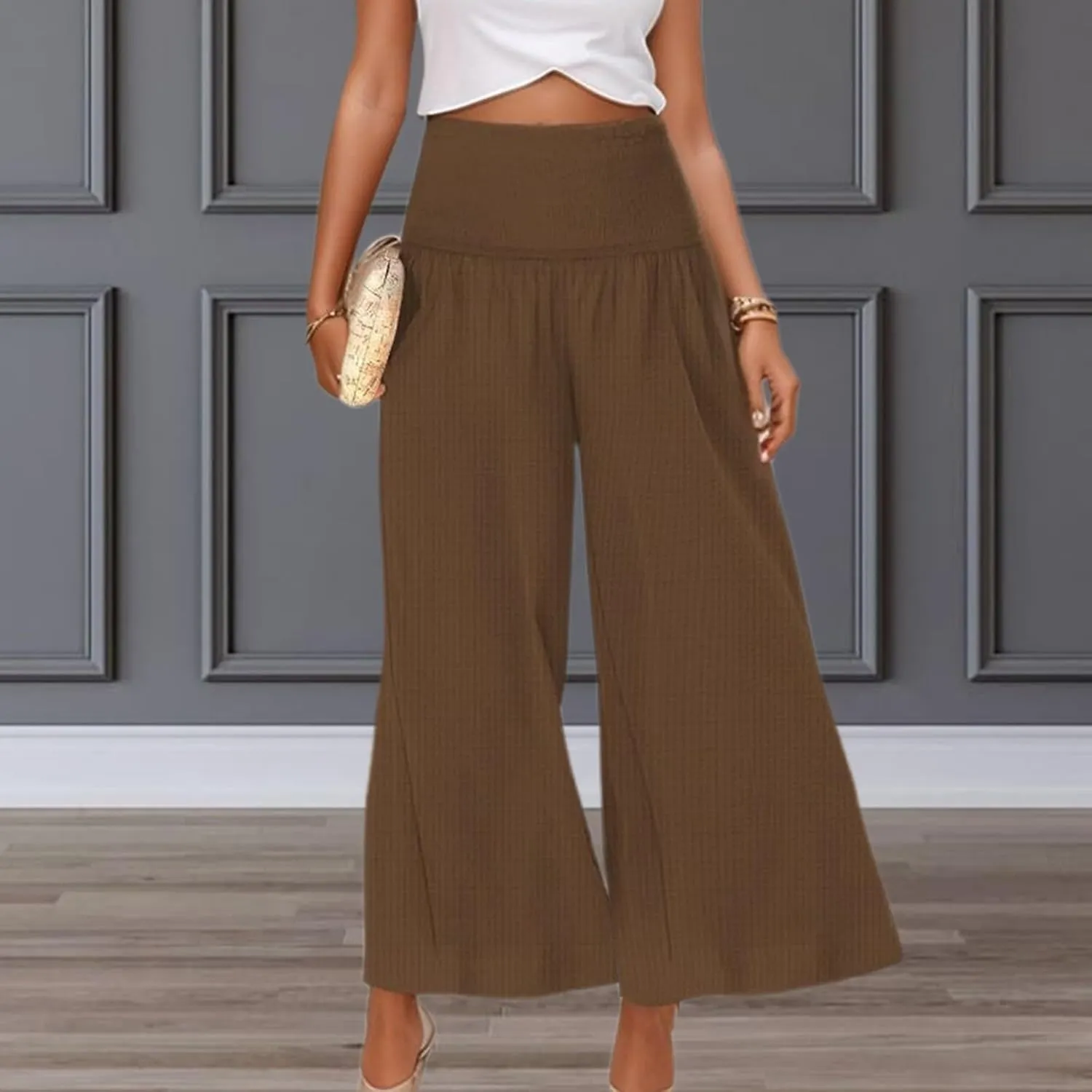 Capri Pants for Women 2025 Summer Casual High Waisted Flowy Wide Leg Pant Loose Fit Smocked Cropped Lounge Trousers