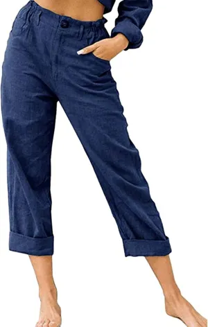 Capri Pants for Women Casual 2024 Summer Drawstring Elastic Waist Cotton Linen Pant Straight Leg Cropped Trousers