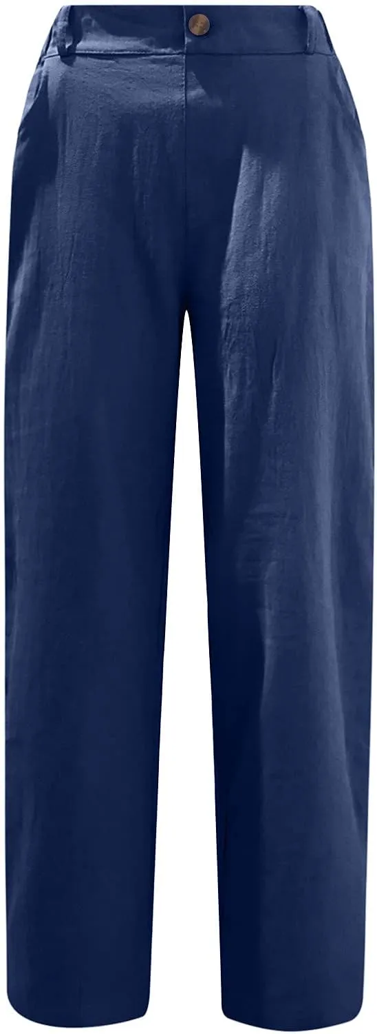 Capri Pants for Women Casual 2024 Summer Drawstring Elastic Waist Cotton Linen Pant Straight Leg Cropped Trousers