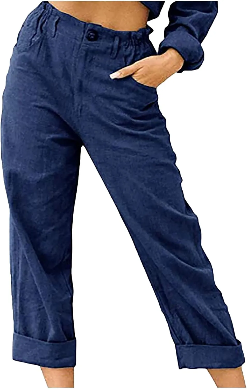 Capri Pants for Women Casual 2024 Summer Drawstring Elastic Waist Cotton Linen Pant Straight Leg Cropped Trousers