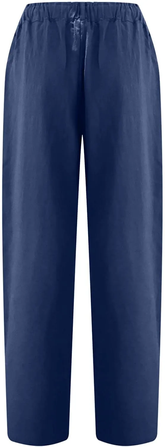 Capri Pants for Women Casual 2024 Summer Drawstring Elastic Waist Cotton Linen Pant Straight Leg Cropped Trousers